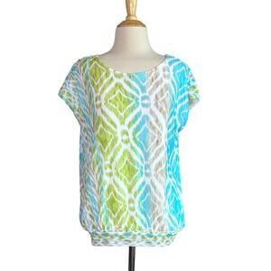 CHICO'S Size 1 US Medium Spring Pastel Geometric Print Blouson Blouse Beachy